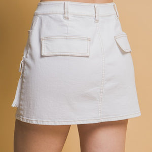 White Mini Cargo Denim Skirt