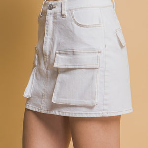 White Mini Cargo Denim Skirt