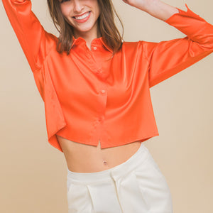 Orange Semi Cropped Satin Long Sleeve Blouse