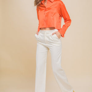 Orange Semi Cropped Satin Long Sleeve Blouse