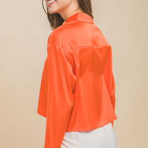 Orange Semi Cropped Satin Long Sleeve Blouse