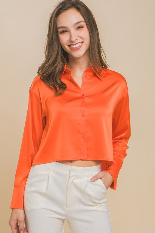 Orange Semi Cropped Satin Long Sleeve Blouse