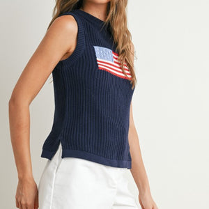 Navy Flag Print Knitted Sleeveless Sweater