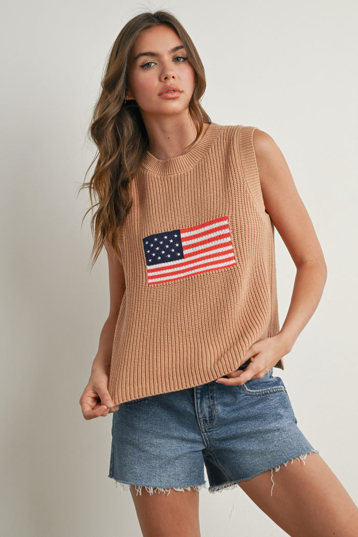 Tan Flag Print Knitted Sleeveless Sweater
