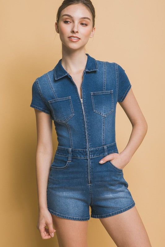 Denim Romper With Front Zip