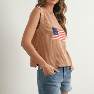 Tan Flag Print Knitted Sleeveless Sweater