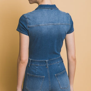 Denim Romper With Front Zip