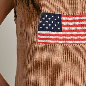 Tan Flag Print Knitted Sleeveless Sweater