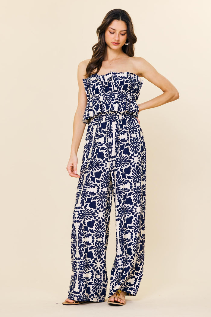 NAVY Printed Wide Leg Strapless Jumpsuit