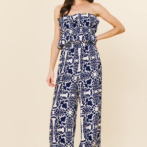NAVY Printed Wide Leg Strapless Jumpsuit