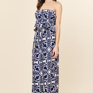 NAVY Printed Wide Leg Strapless Jumpsuit