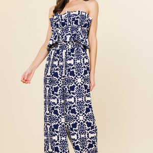 NAVY Printed Wide Leg Strapless Jumpsuit