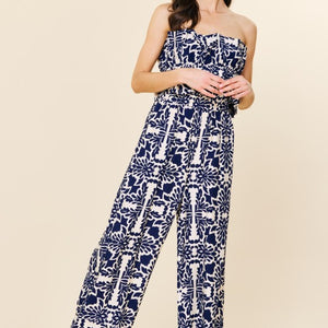 NAVY Printed Wide Leg Strapless Jumpsuit