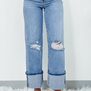 High Rise Asymmetric Button Zip Fly Ripped Jeans