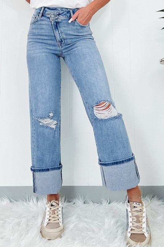 High Rise Asymmetric Button Zip Fly Ripped Jeans