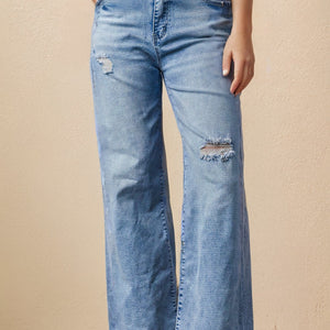 Blue High Rise Distressed Straight Leg Jeans