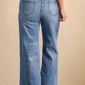 Blue High Rise Distressed Straight Leg Jeans