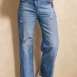 Blue High Rise Distressed Straight Leg Jeans