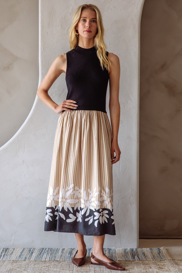 Sleeveless Mix Media Border Print Dress