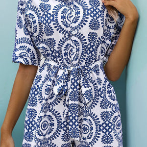 Random Ethnic Print High Waist Half Sleeve Romper