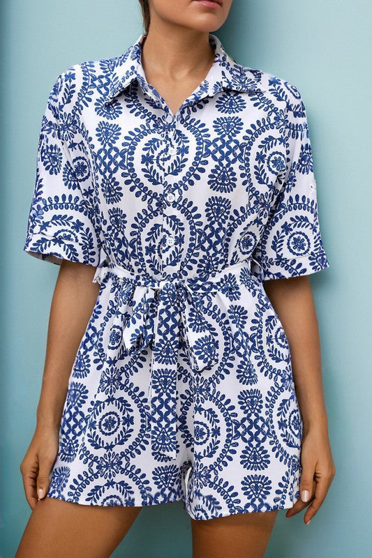 Random Ethnic Print High Waist Half Sleeve Romper