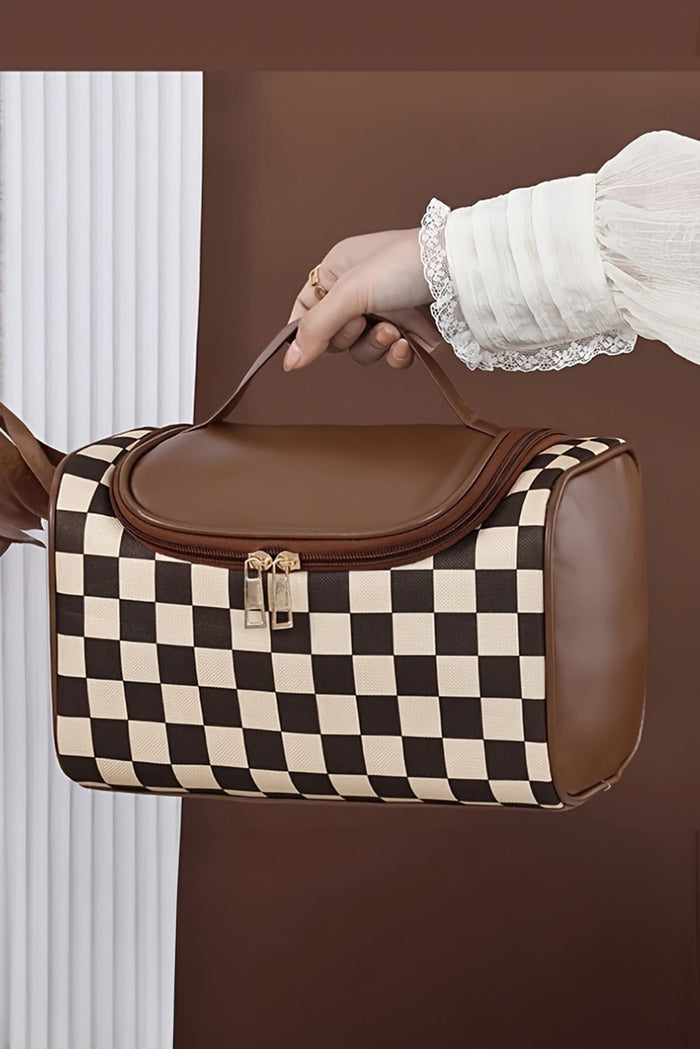 Checkered PU Leather Zipper Makeup Bag