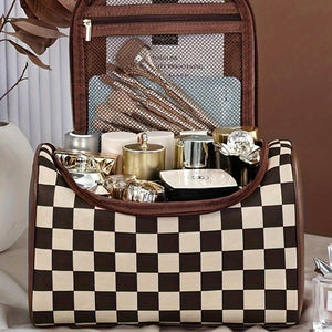 Checkered PU Leather Zipper Makeup Bag