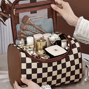 Checkered PU Leather Zipper Makeup Bag