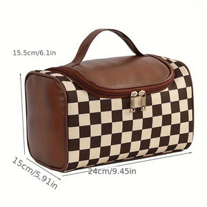 Checkered PU Leather Zipper Makeup Bag