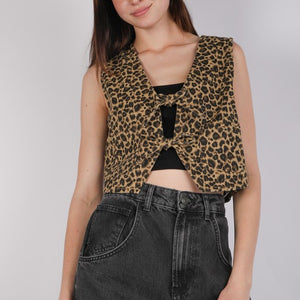 Cheetah Jean Acid Washed Denim Front Tie Vest