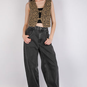 Cheetah Jean Acid Washed Denim Front Tie Vest