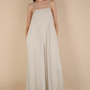 Oat Pleated Solid Woven Sleeveless Jumpsuit