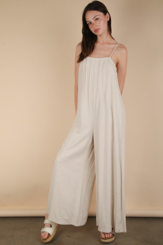 Oat Pleated Solid Woven Sleeveless Jumpsuit