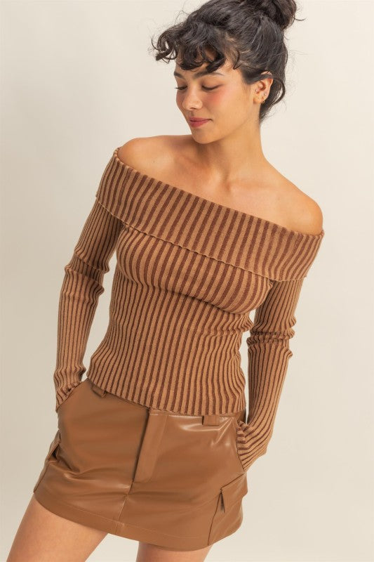Brown Off-shoulder Ribbed Knit Top
