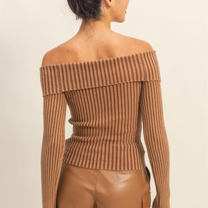 Brown Off-shoulder Ribbed Knit Top