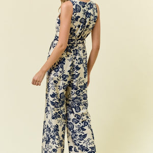Ivory/Navy Paisley Printed Zip Front Slvless Jumpsuit