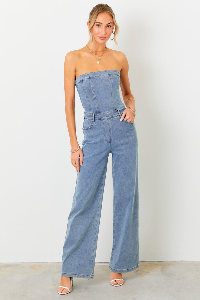 Strapless denim jumpsuit