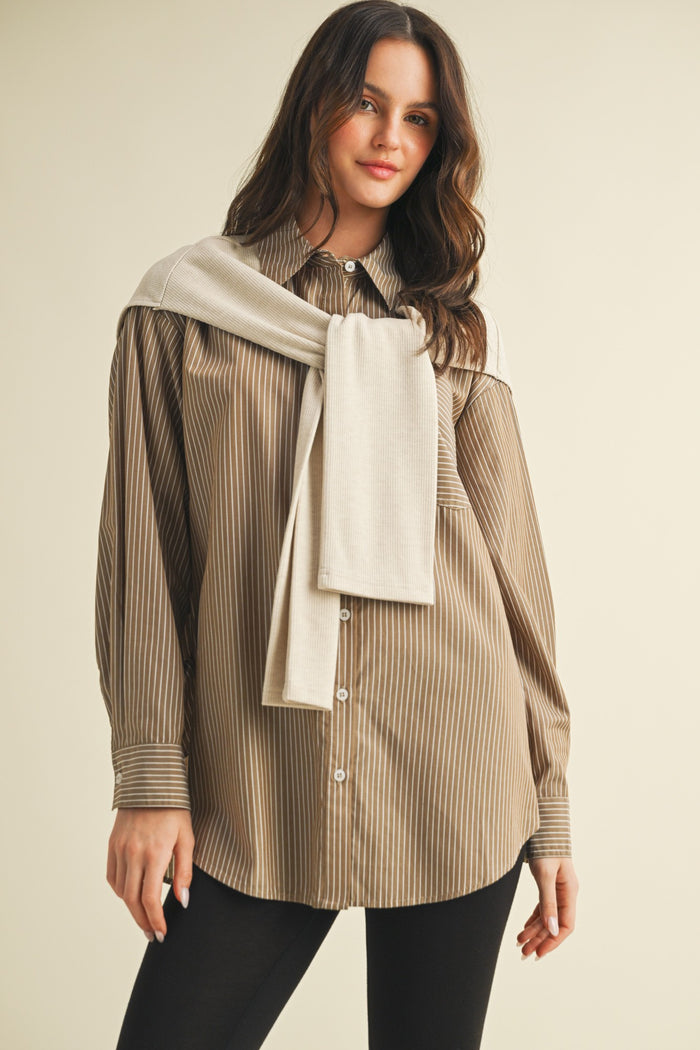 Striped Shrt With Layered Knit Sleeves Top