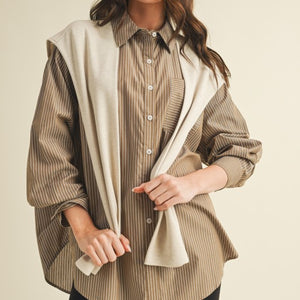 Striped Shrt With Layered Knit Sleeves Top