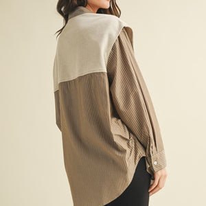 Striped Shrt With Layered Knit Sleeves Top
