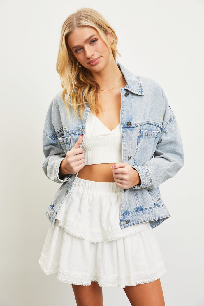 Light wash back pleated denim jacket`