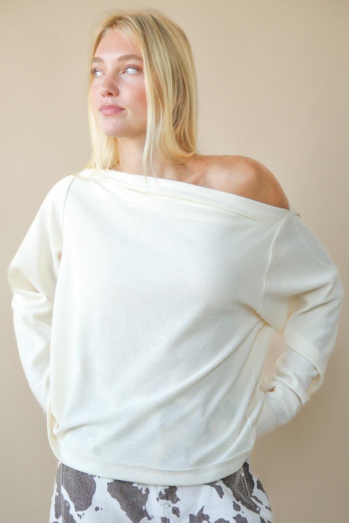 Cream Boat Neck Solid Casual Waffle Top
