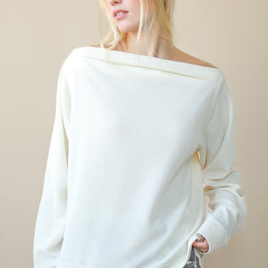 Cream Boat Neck Solid Casual Waffle Top