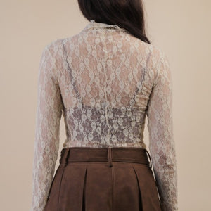 High Neck Fitted Sheer Mesh Lace Knit Top, 2 colors
