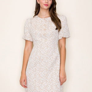 Off white and beige Floral Jacquard Puff Sleeve Buttoned Mini Dress