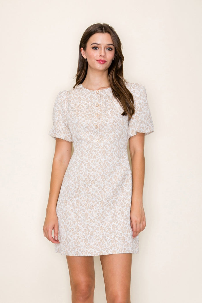Off white and beige Floral Jacquard Puff Sleeve Buttoned Mini Dress