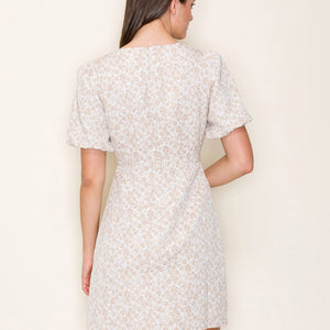 Off white and beige Floral Jacquard Puff Sleeve Buttoned Mini Dress