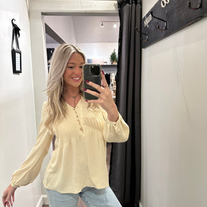 Cream Solid V Neck Pin Tuck Buttoned Woven Blouse