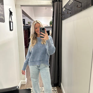 Blue Washed Side Slit Oversized Cropped Sweater