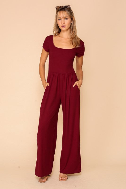 Burgundy square neck wide leg jumpsuit